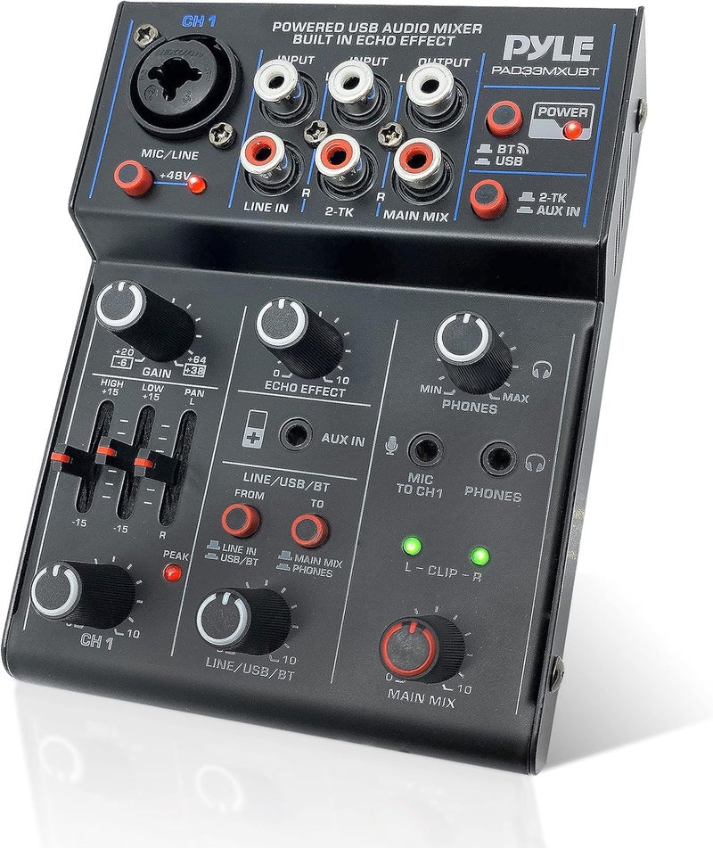 Pyle Professional Wireless DJ Audio Mixer- 3-Channel Bluetooth DJ Controller Sound Mixer w/USB Audio Interface, Combo Jack XLR+6.35mm Mic/Line/Guitar In, 3.5mm, RCA, AUX, Headphone Jack- PAD33MXUBT.5 - Image 1